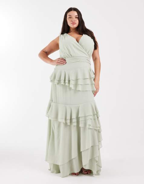 TFNC Plus Bridesmaid chiffon wrap front maxi dress with tiered ruffles in sage green - view 1