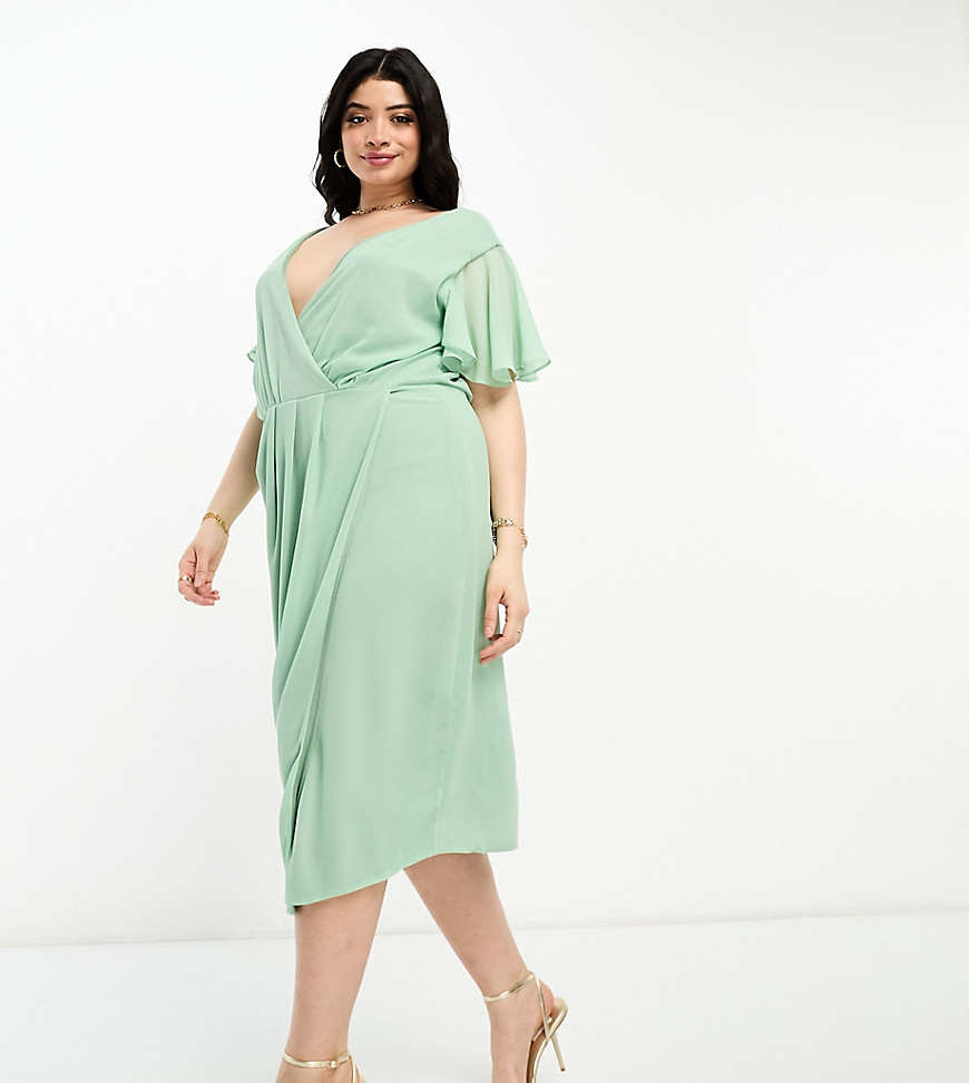 Bridesmaid chiffon wrap front midi dress with flutter sleeve in fresh sage-Green