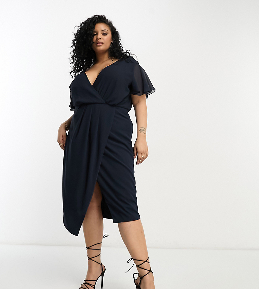 Bridesmaid chiffon wrap front midi dress with flutter sleeve in navy