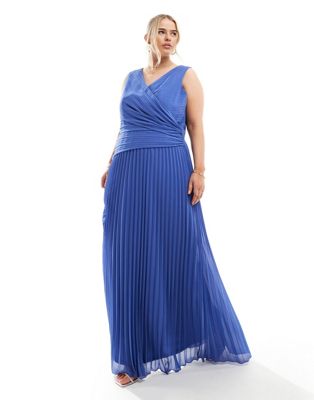 TFNC Plus Bridesmaid chiffon wrap front pleated maxi dress in aster blue