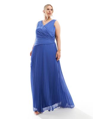 Bridesmaid chiffon wrap front pleated maxi dress in aster blue