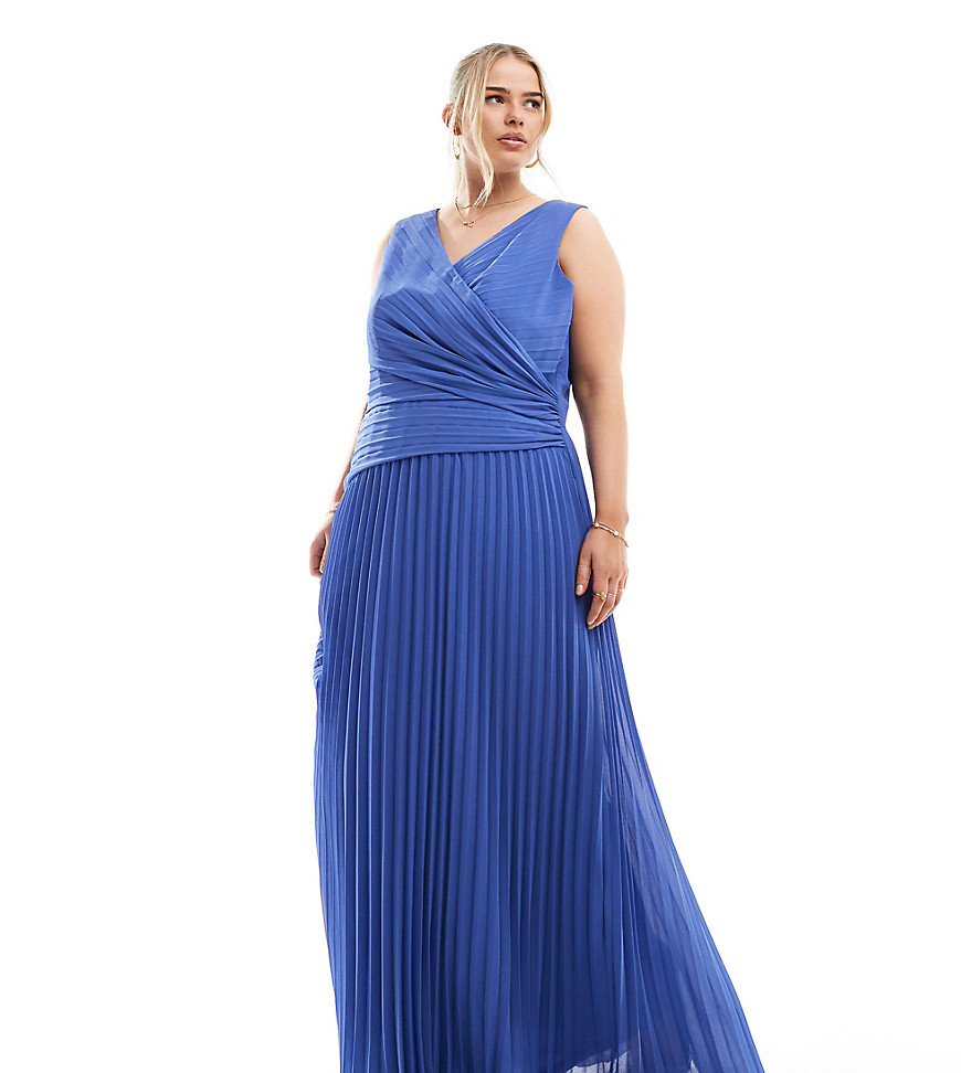 TFNC Plus Bridesmaid chiffon wrap front pleated maxi dress in aster blue
