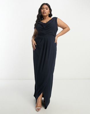 TFNC Plus Bridesmaid chiffon wrap maxi dress with cowl neck front and back in navy