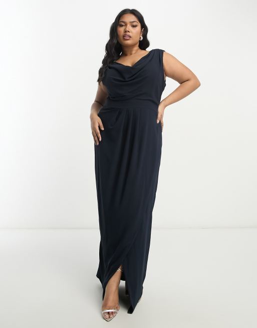 TFNC Plus Bridesmaid chiffon wrap maxi dress with cowl neck front and back in navy ASOS