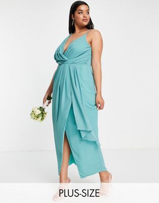 TFNC Plus Bridesmaid chiffon wrap maxi dress with hi low hem in sea blue