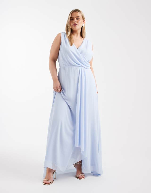 TFNC Plus Bridesmaid chiffon wrap top draped maxi dress in powder blue