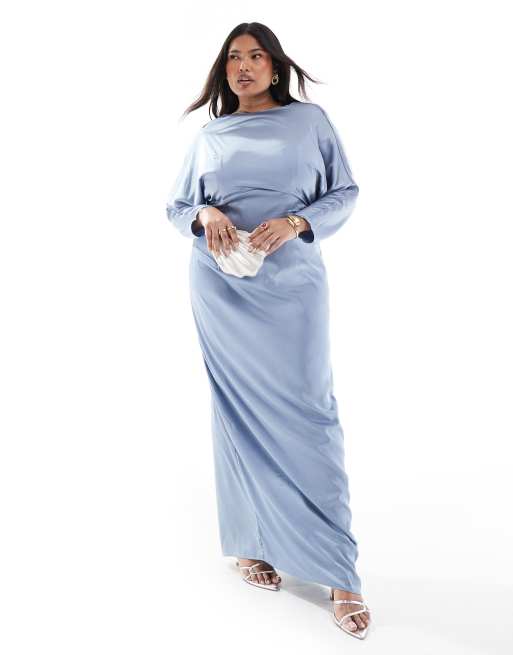 TFNC Plus Bridesmaid cowl back maxi dress in dusty blue