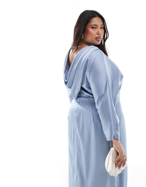 TFNC Plus Bridesmaid cowl back maxi dress in dusty blue