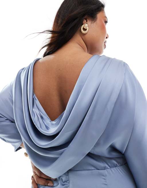 TFNC Plus Bridesmaid cowl back maxi dress in dusty blue
