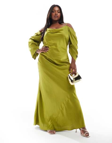 TFNC Plus Bridesmaid cowl cold shoulder maxi dress with ruched sleeves in olive - view 1
