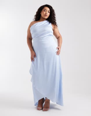 Tfnc Plus Bridesmaid Delali Satin One Shoulder Wrap Skirt Maxi Dress In Blue