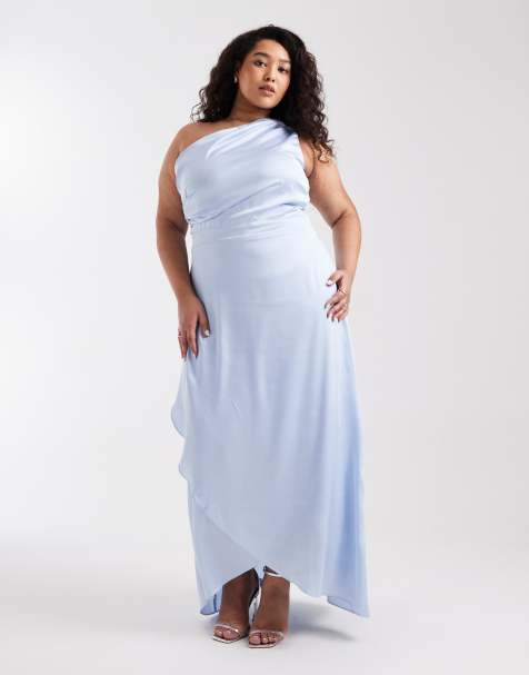 TFNC Plus Bridesmaid Delali satin one shoulder wrap skirt maxi dress in blue - view 1
