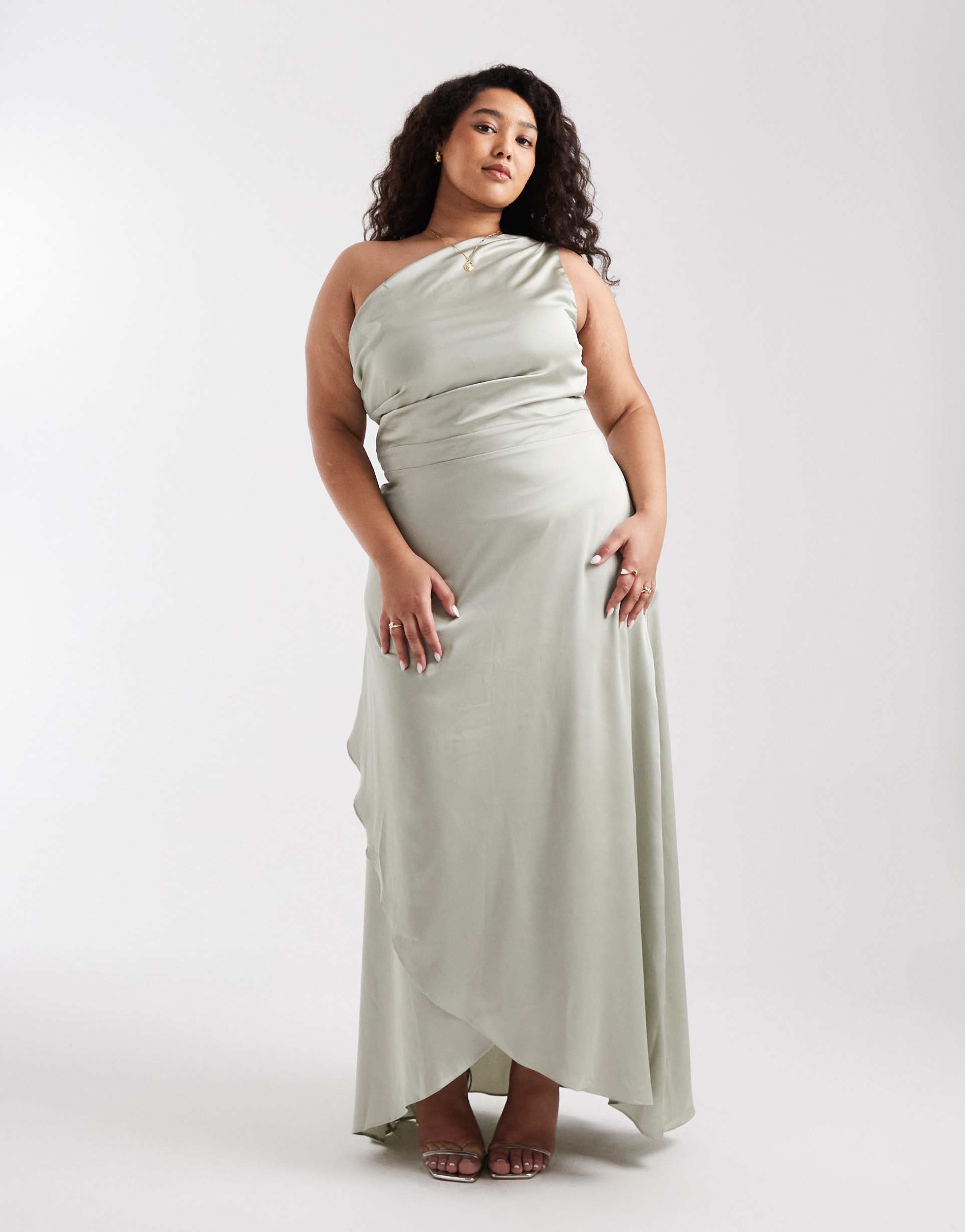 tfnc plus bridesmaid delali satin one shoulder wrap skirt maxi dress in sage green