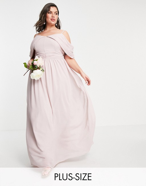 TFNC Plus bridesmaid drape shoulder asymmetric maxi dress in mink