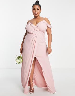 TFNC Plus Bridesmaid drape shoulder wrap dress in muted blush