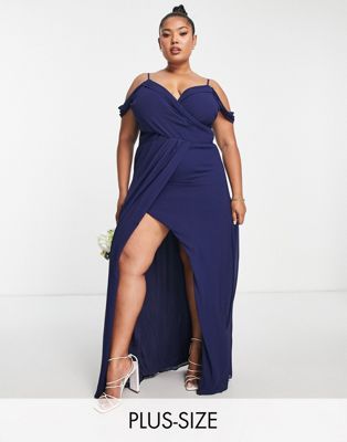 TFNC Plus Bridesmaid drape shoulder wrap dress in navy blue - ASOS Price Checker
