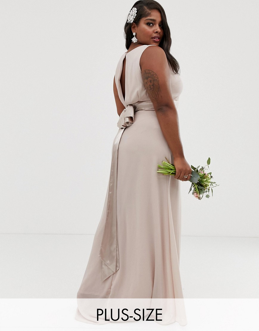 TFNC Plus Bridesmaid exclusive bow back maxi in mink