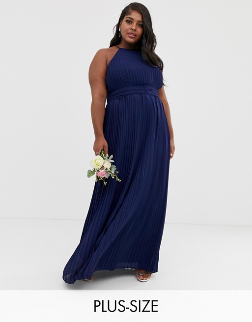 TFNC Plus bridesmaid exclusive high neck pleated maxi dress in navy