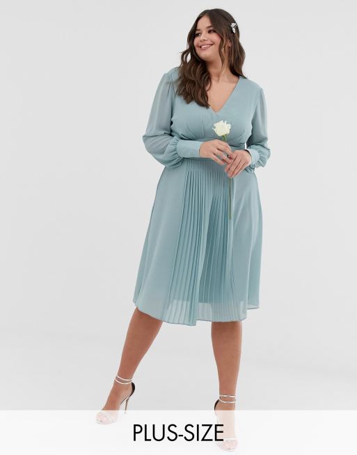 TFNC Plus bridesmaid exclusive midi dress with pleated skirt in sage