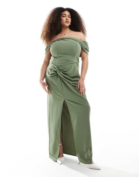 TFNC Plus Bridesmaid fallen shoulder maxi dress with split in dark green - view 1