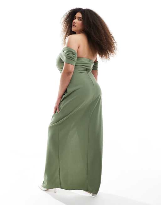 TFNC Plus Bridesmaid fallen shoulder maxi dress with split in dark green