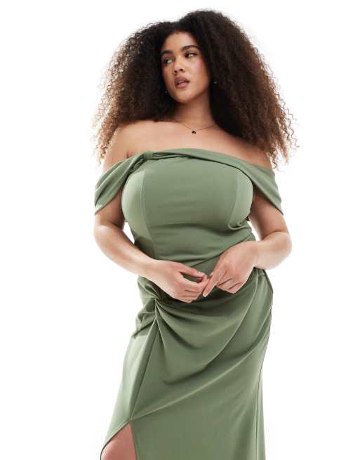 TFNC Plus Bridesmaid fallen shoulders maxi dress with slit in dark green, 2 of 4