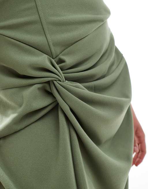 TFNC Plus Bridesmaid fallen shoulders maxi dress with slit in dark green, 3 of 4