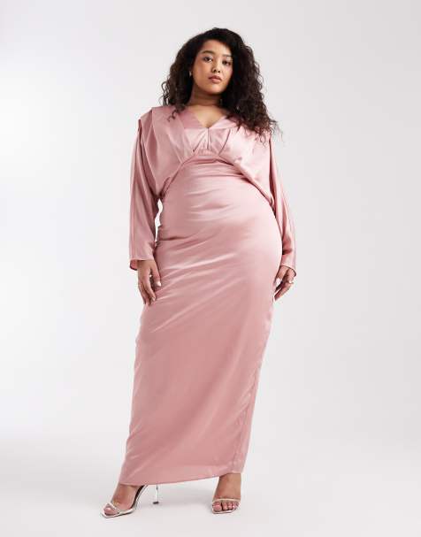 TFNC Plus – Bridesmaid – Figurbetontes Satin-Maxikleid in Rosa mit V-Ausschnitt und Faltendetail - view 1