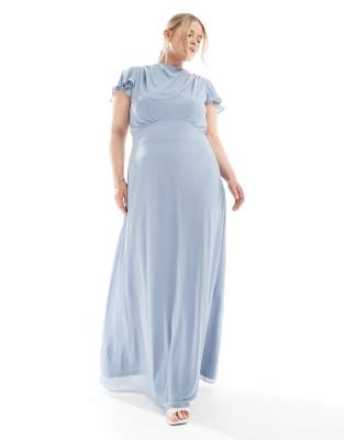 Bridesmaid flutter sleeve cowl back chiffon maxi dress in dusty blue