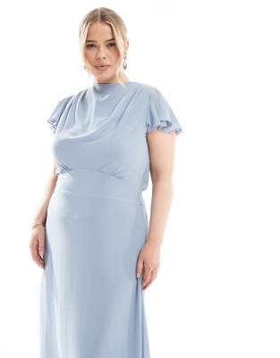 Tfnc Plus Bridesmaid Flutter Sleeve Cowl Back Chiffon Maxi Dress In Blue