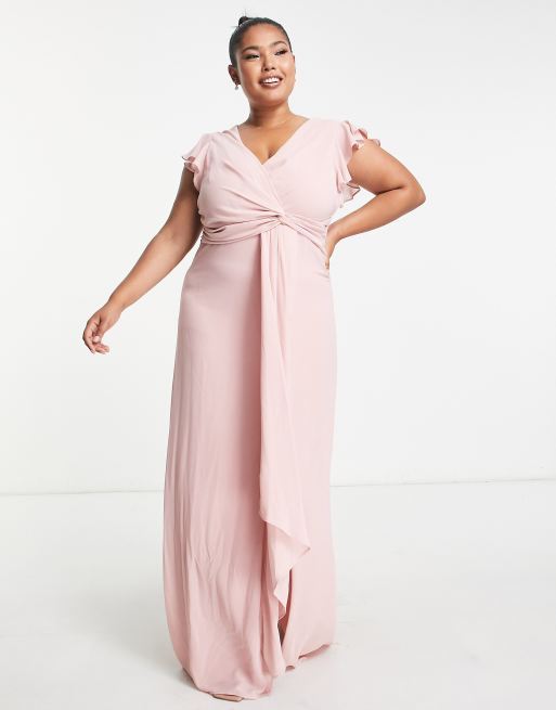 TFNC Plus Bridesmaid flutter sleeve ruffle detail maxi dress in