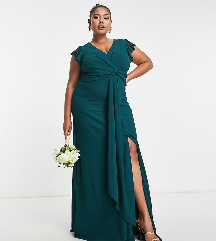 TFNC Plus Bridesmaid flutter sleeve ruffle detail maxi dress in emerald-Green