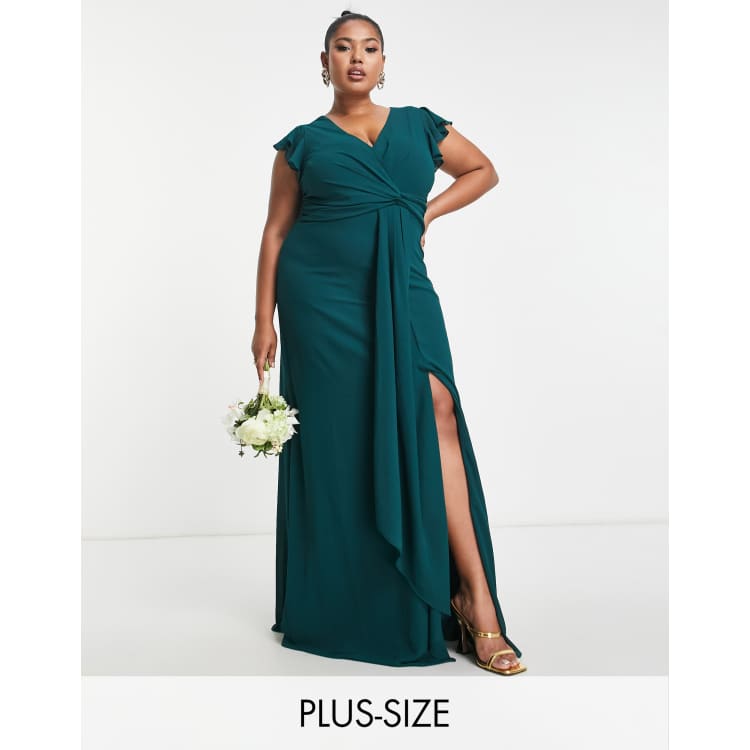 TFNC Plus Bridesmaid flutter sleeve ruffle detail maxi dress in emerald |  ASOS