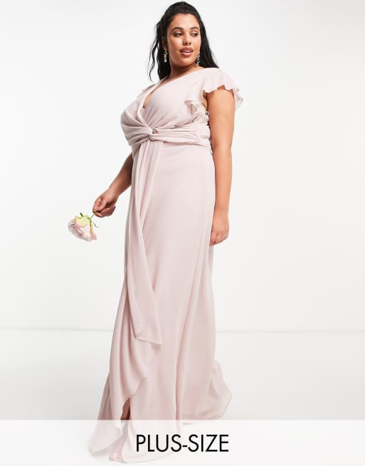 TFNC Plus Bridesmaid flutter sleeve ruffle detail maxi dress in mink | ASOS