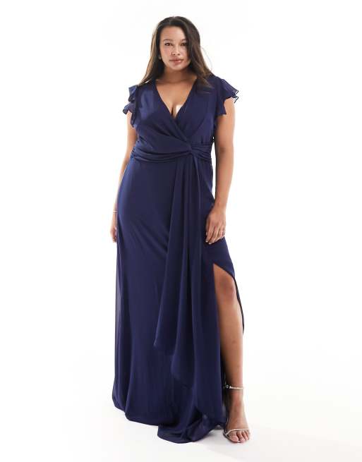  TFNC Plus Bridesmaid flutter sleeve ruffle detail maxi dress in navy