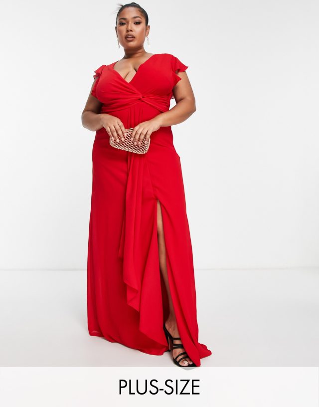 TFNC Plus - bridesmaid flutter sleeve ruffle detail maxi dress in red