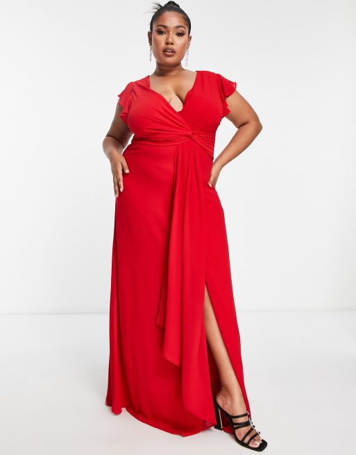 ASOS DESIGN ruched bodice drape maxi dress with wrap waist in red