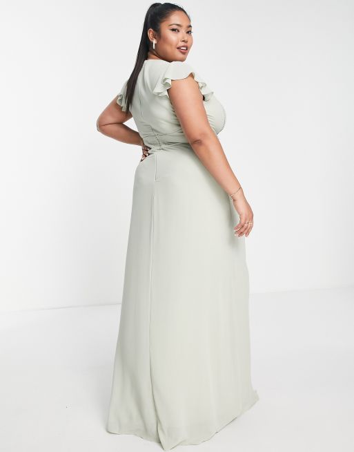 TFNC Plus Bridesmaid flutter sleeve ruffle detail maxi dress in sage green