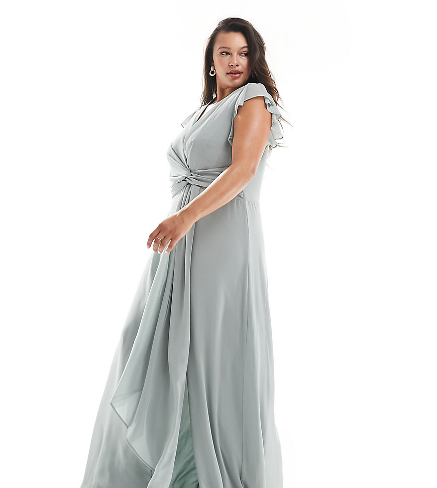 TFNC Plus Bridesmaid flutter sleeve ruffle detail maxi dress in sage-Green