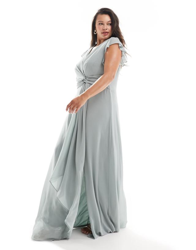 TFNC Plus - bridesmaid flutter sleeve ruffle detail maxi dress in sage