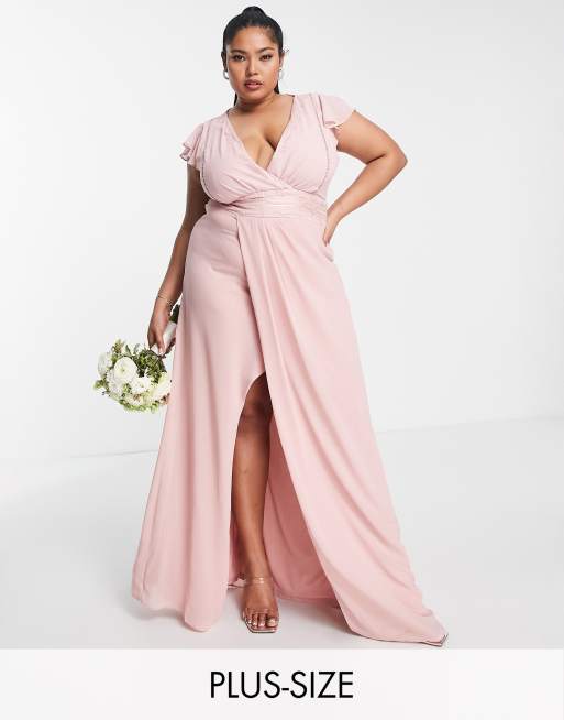 TFNC Plus Bridesmaid flutter sleeve v neck dress in dusty pink