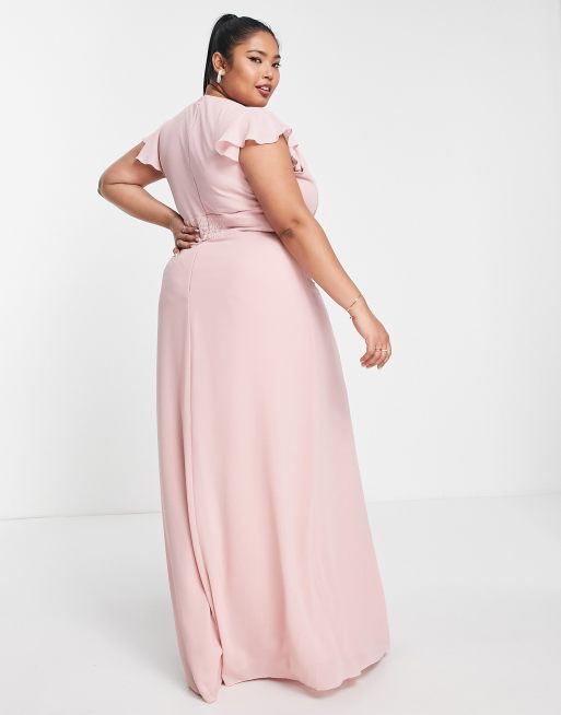 TFNC Plus Bridesmaid flutter sleeve v neck dress in dusty pink