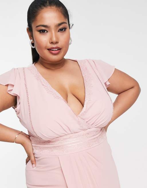 TFNC Plus Bridesmaid flutter sleeve v neck dress in dusty pink, 3 of 4