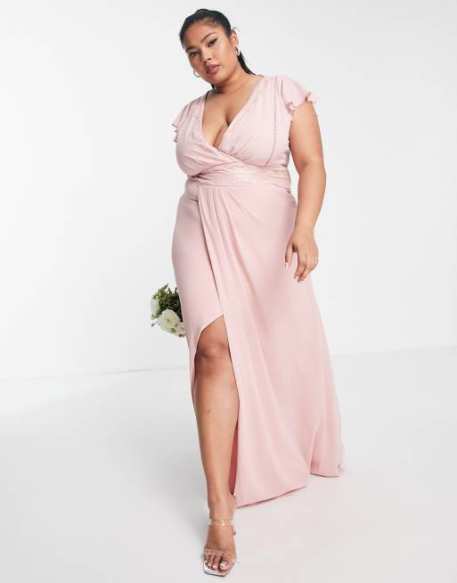 TFNC Plus Bridesmaid flutter sleeve v neck dress in dusty pink, 4 of 4