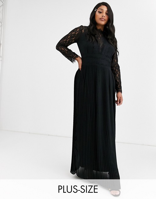 TFNC Plus Bridesmaid high neck long sleeve pleated maxi dress with lace inserts in black