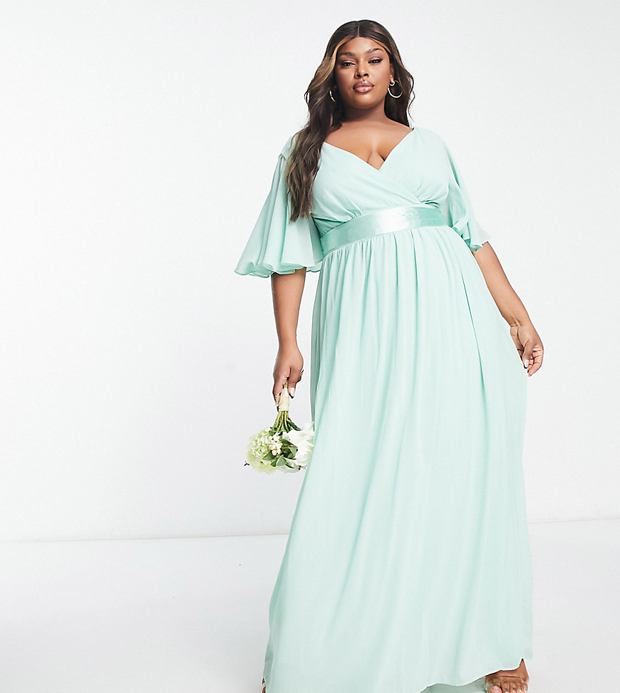 Tfnc Plus Bridesmaid Kimono Sleeve Pleated Maxi Dress With Angel Sleeve In Fresh Sage-green