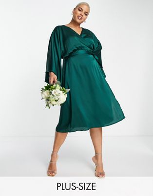 TFNC Plus Bridesmaid kimono sleeve satin wrap midi dress in emerald green