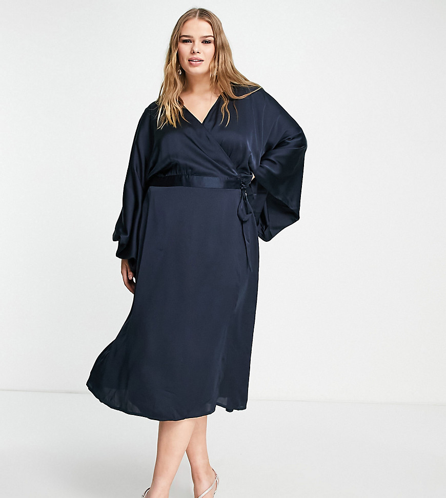 TFNC Plus Bridesmaid kimono sleeve satin wrap midi dress in navy