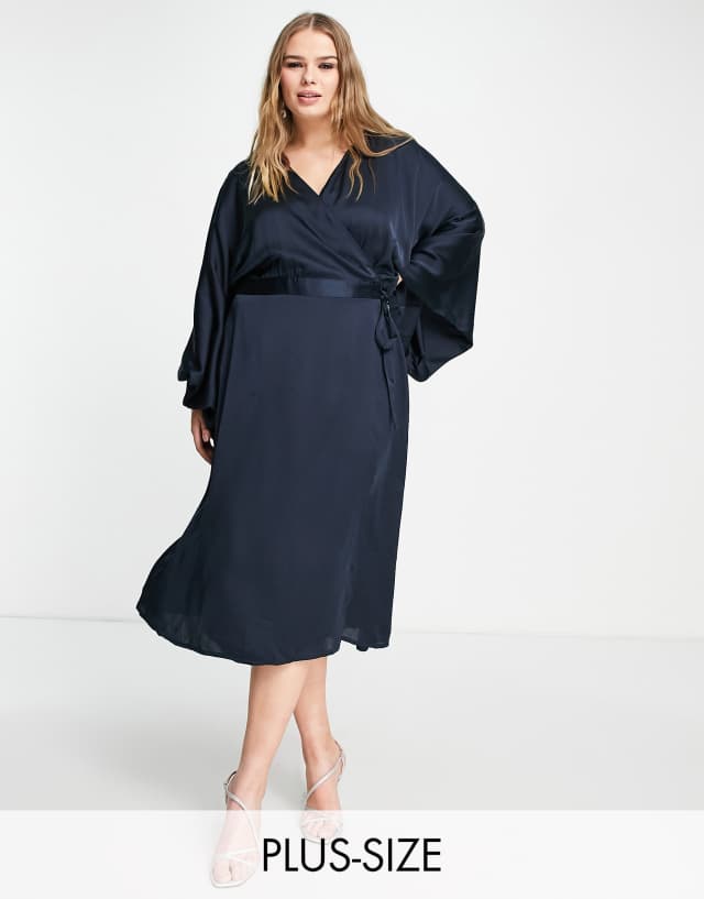 TFNC Plus Bridesmaid kimono sleeve satin wrap midi dress in navy