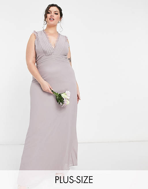 TFNC Plus bridesmaid lace trim plunge front maxi dress in grey